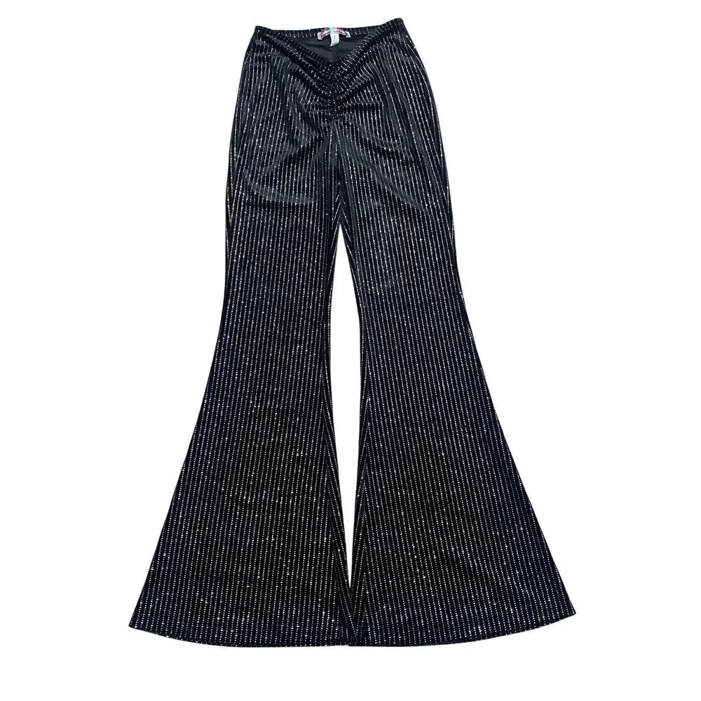 Urban Outfitters Black Sparkle Pull On Flare Pants Womens Size S Diamond V Front